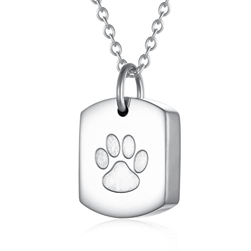 Stainless Steel Square Cremation Dog Tag Urn Necklace for Ashes — Pet Memorial Keepsake Jewelry for Dogs & Cats, Paw Print and Tree of Life Pendant for Women Men, Sympathy Bereavement Gift - color: Silver