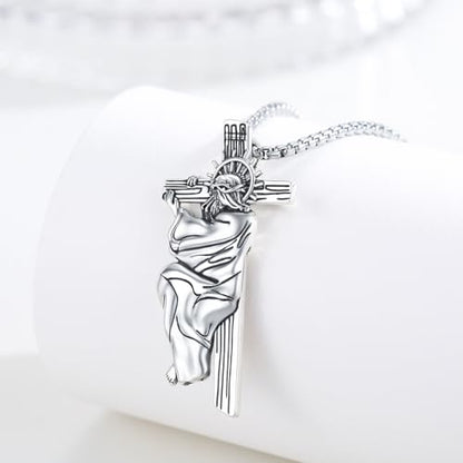 Crucifix Necklace for Men 925 Sterling Silver Jesus Cross Necklace Crucifix Cross Pendant Protection Jewelry for Men Women - style: B06-Hanging Cross-Silver