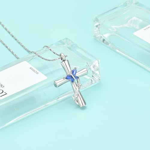 Butterfly Cross Urn Necklace for Ashes Birthstone Cremation Jewelry for Men Women Ashes Pendant Keepsake Memorial Ash Jewelry - color: Silver-Blue
