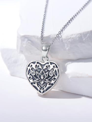 Midari Personalized Heart Locket Necklace That Hold 2 Pictures 925 Sterling Silver Oxidized Photo Necklace Memory Custom Photo Lockets Necklaces Jewelry Gifts for Family Women Lover Mom Dad - color: Lotus, style: Locket Only