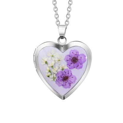 Handmade Heart Shaped Dried Pressed Forget Me Not Flower Photo Locket Pendant Necklace - color: Silver, style: PURPLE+L