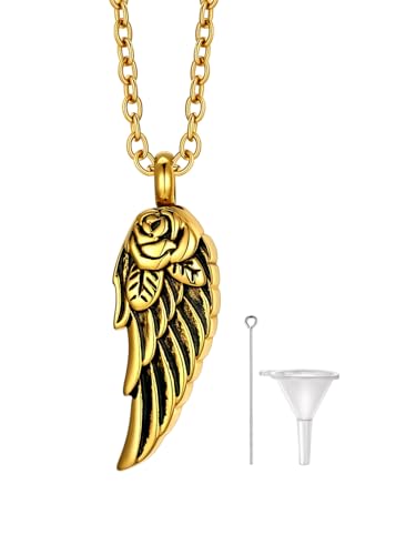 Richsteel Urn Necklaces for Ashes for Women Men Cremation Pendant | Necklace for Ashes Stainless Steel Memorial Jewelry - color: 04-Gold Angel Wing