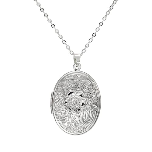 POYAMUSE Retro Flower Locket Pendant Necklace - Vintage Copper Colored Charms Locket Jewelry for Memorial Keepsake DIY Locket Gift - color: Silver