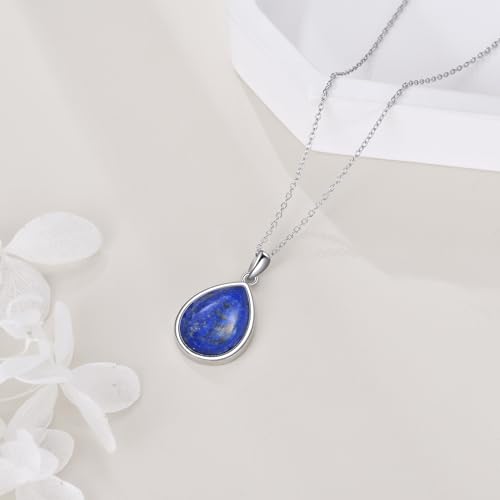 CRMAD Larimar/Opal/Lapis Lazuli/Tourmaline/Malachite/Labradorite/Turquoise/Onyx/Rose Quartz/Amber/Peridot Necklace for Women 925 Sterling Silver Teardrop Pendant Jewelry Gifts - color: lapis lazuli