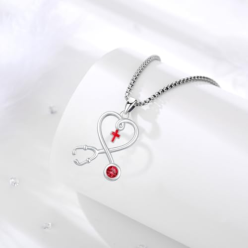 Angel Wings Necklace 925 Sterling Silver Guardian Angel Nurse RN Caduceus Pendant Charm Crystal Angel Jewelry Gifts for Women - style: H-Stethoscope-01-Jan.-Garnet
