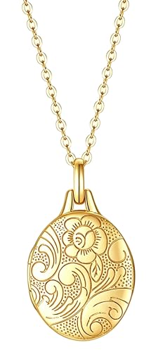YOUFENG Love Heart Locket 14K Gold-Filled Oval Circle Rectangle Lockets that Hold Pictures Floral Patterns Necklace for Women - color: GoldOval
