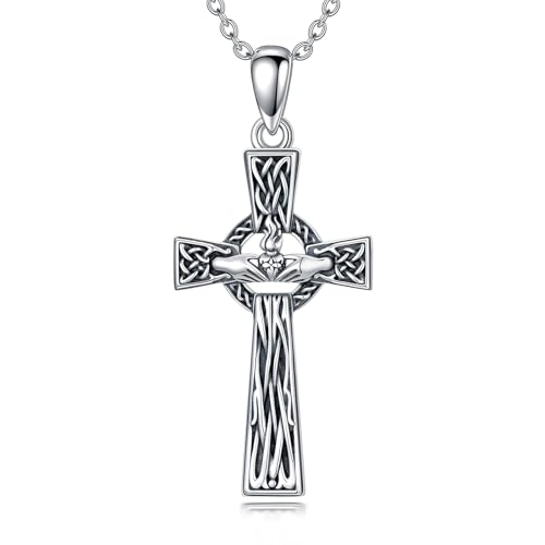 PROESS Cross Necklace for Women Men Sterling Silver Rose/Sunflower Cross Pendant Religious Jewelry Christmas Birthday Mothers' Day Gifts - color: 15-Hand & Heart