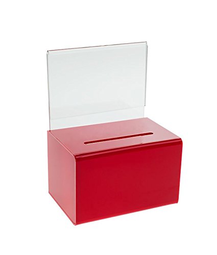 SourceOne Acrylic Donation Box Oblong With Lock Keys Sign Holder and Business Card Holder, 5 Inch Wide (1 Pack,) - color: Red