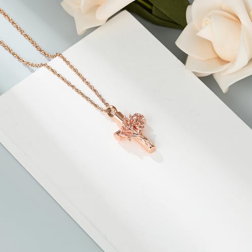 shajwo Tree of Life Cross Urn Necklace for Ashes - color: Rose Gold