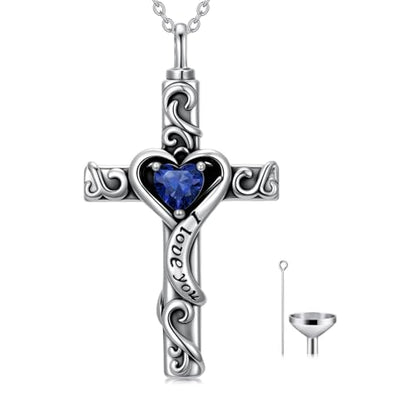 TOUPOP Cross Urn Necklaces for Ashes Birthstone Cremation Jewelry 925 Sterling Silver Cross Memorial Keepsake Jewelry for Women (with Funnel Filler) - color: 09-September-Sapphire
