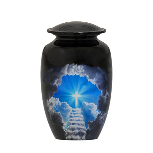 Stairway to Heaven Memorial Cremation Urn for Human Ashes, Adult | Cross Design, Hand-Finished Black Aluminum, Threaded Lid, Felt Base, 10.25 in Tall, Sized for an Adult to 200 lbs