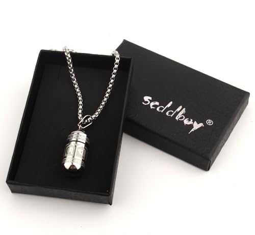 Tibetan Buddhist Meditation Stainless Steel Pendant Memorial Cremation Ash Pill Container Necklace 23.6+1.96" Chain - color: Silver