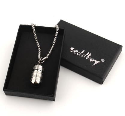 Tibetan Buddhist Meditation Stainless Steel Pendant Memorial Cremation Ash Pill Container Necklace 23.6+1.96" Chain - color: Silver