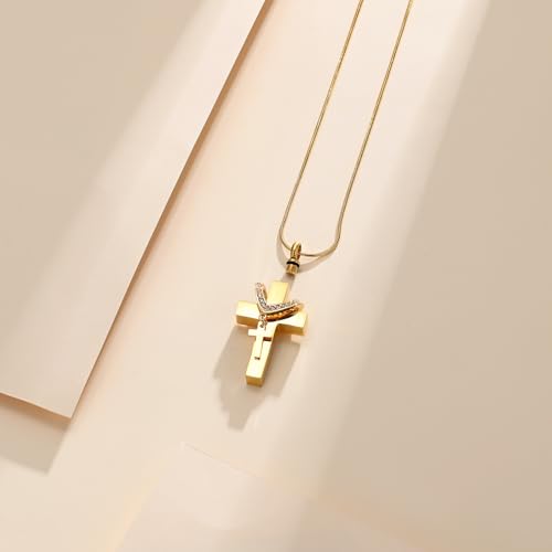 Cross Cremation Jewelry Urn Necklace for Human Ashes for Women Men With Me Always Memorial Ashes Keepsake Pendant - color: Gold