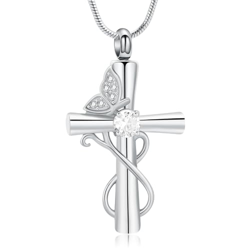 Butterfly Cross Cremation Jewelry Urn Necklaces Cross Butterfly Urn Necklaces for Ashes Memorial Keepsake Pendant for Women Men Gifts With Funnel Kit & Bag - color: Silver