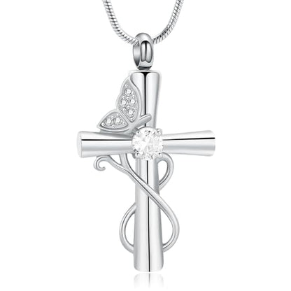 Butterfly Cross Cremation Jewelry Urn Necklaces Cross Butterfly Urn Necklaces for Ashes Memorial Keepsake Pendant for Women Men Gifts With Funnel Kit & Bag - color: Silver