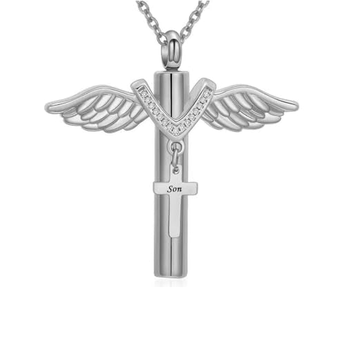 Cross Urn Necklace for Human Ashes Angel Wings Cremation Pendant Necklaces Memorial Keepsake Jewelry for Papa Mom Dad Grandma Grandpa Brother Uncle Aunt - style: Son