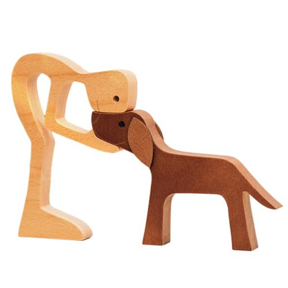 DOPTIKA Wooden Man and Dogs Figurines Home Decor, Wood Pet Carving Gifts for Men, Dog Statue for Bedroom Office Bookshelf Decor, Wooden Dog Memorial Gifts for Loss of Dogs