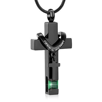 Forever in My Heart Birthstone Personalized Double Cross Urn Pendant Cremation Jewelry for Ashes Cross Ashes Keepsake - color: Green
