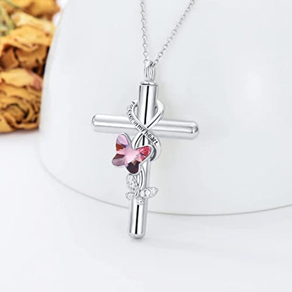 Cross Urn Necklace for Ashes 925 Sterling Silver Cremation Jewelry with Funnel Filler Kit Ashes Necklace for Human Women Girl Pets - color: A_Pink Butterfly Urn Necklace, style: Personalized