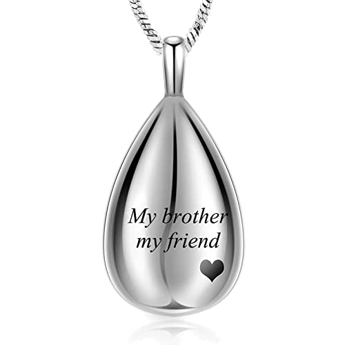 Yinplsmemory Carved Teardrop Keepsake Ashes Necklace Urn Pendant Cremation Memorial Jewelry-Always in my heart - color: Silver-My brother my friend