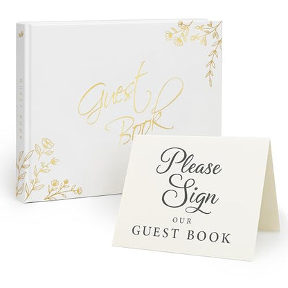 Wedding Guest Book, 100 Blank Pages, 9×7" Gold Foil Hardcover - color: White
