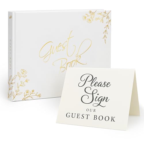 Wedding Guest Book, 100 Blank Pages, 9×7" Gold Foil Hardcover - color: White