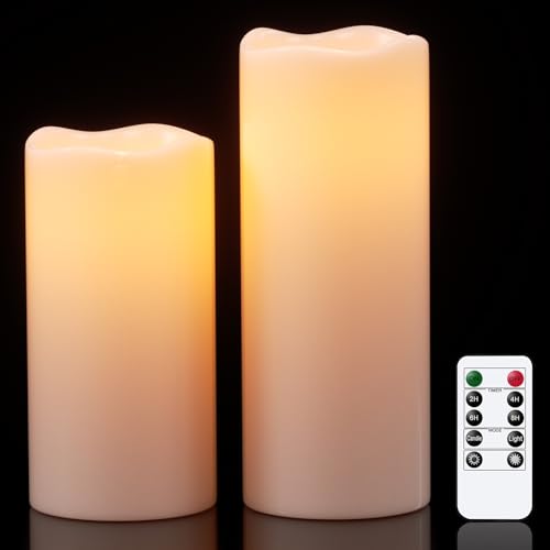 GenSwin Outdoor Flameless Led Candles Battery Operated Remote, 4 x 8,10 in | Waterproof, IP 65, Large Pillar Candles Flickering, Outdoor Lanterns, Porch, Long Lasting, 2 Pack - size: 4“x8"&4"x10"