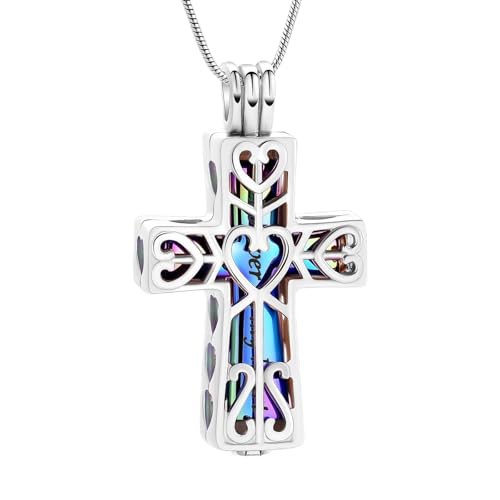 Crystal Cross Necklace for Ashes Stainless Steel Keepsake Cremation Jewelry Religious Cross Memorial Urn Necklace for Pet Human Ashes Gifts - color: Hollow-Customize