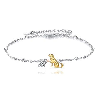 AOBOCO 925 Sterling Silver Cute Cat Kitty Bracelet Adjustable Link Chain, Cat Jewelry Gifts for Cat Lovers 7-9 inches - style: E-Cat and Dog-2