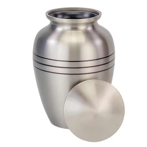Classic Three Bands Pewter Cremation Urn for Ashes - Medium, Brass, Silver Urn, Medium Sized Cremation Urn, 8.25 Inches High - size: Medium Urn