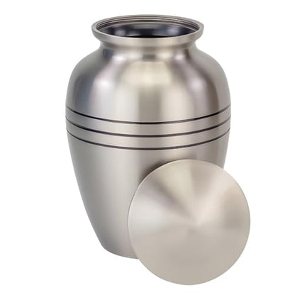 Classic Three Bands Pewter Cremation Urn for Ashes - Medium, Brass, Silver Urn, Medium Sized Cremation Urn, 8.25 Inches High - size: Medium Urn