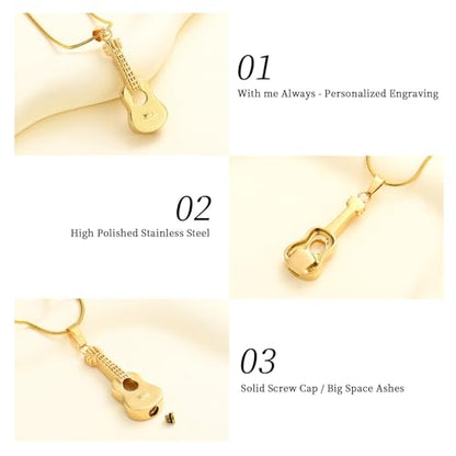 Oinsi Guitar Urn Necklace for Ashes Cremation Pendants Jewelry Ashes Holder Memorial Urn Necklace Cremation Jewelry for Human with Filling Kits - color: Gold
