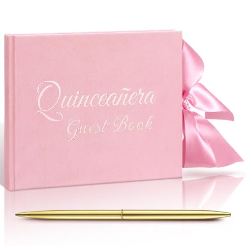 Panelee Velvet Quinceañera Guest Book with Pen Pink Sign in Log with Bow 15 Year Anos Quince Book 144 Page Signature Guest Sign in Keepsake Album for Birthday Party Keepsake Gift - color: Pink