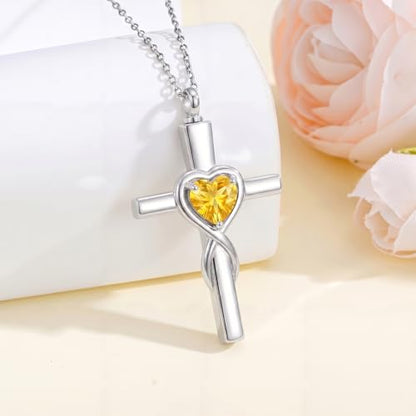 YYB Urn Necklace for Ashes Women Heart Birthstone Cross Cremation Jewelry | Memorial Keepsake Funeral Jewelry for Loved Ones (with Funnel Filler) - color: 11-Nov-Citrine