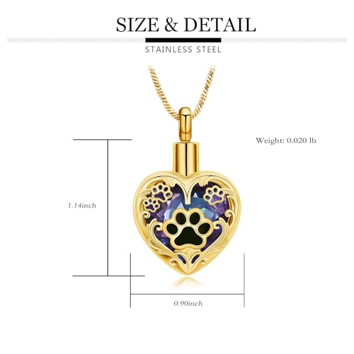 Yinplsmemory Pet Urn Necklace Pendant Jewelry for Dog Cat Memorial Crystal Heart Cremation Jewelry with Paw Print Ashes Keepsake Funeral Jewelry - color: Gold-purple