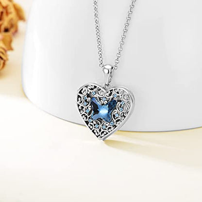 Dorunmo Personalized Locket Necklace 925 Sterling Silver that Holds Pictures Butterfly Birthstone Photo Heart Locket Custom Jewelry Congratulations New Beginnings New Job Gifts for Women - color: Butterfly Blue, style: Personalized Photo + Text