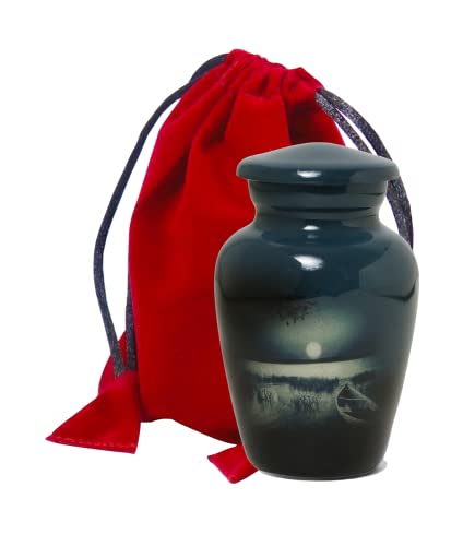Small Cremation Urns for Human Remains Ashes | Mini Sacred Keepsake Urn for Ashes with Velvet Carry Bag, Small Paper Funnel in a Stunning Gift Box - color: Dark Blue Moon Night Beach