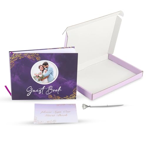 Generic Wedding Guest Book with Polaroid Photo Section, Hardcover Keepsake for Special Memories Includes Guest Sign-in Table Card & Pen, Ideal for Wedding Receptions, Memory Book to Write, Purple
