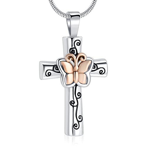 Minicremation Cremation Jewelry Cross Butterfly Urn Ashes Necklace for Women Men Loved One Memorial Ash Pendant for Human/Pet Funeral Keepsake Memorial Necklace - color: Rose Gold