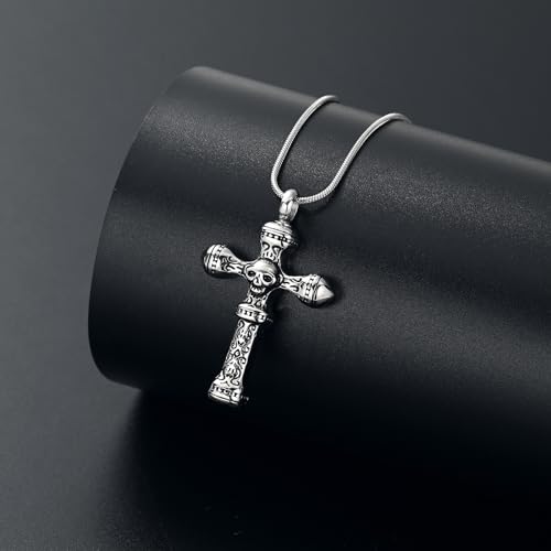 Skull Cross Cremation Jewelry Retro Skull Urn Necklaces for Ashe Stainless Steel Memorial locket Keepsakes Jewelry Human Ash Pendant Jewelry for Men Women - color: Silver