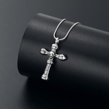 Skull Cross Cremation Jewelry Retro Skull Urn Necklaces for Ashe Stainless Steel Memorial locket Keepsakes Jewelry Human Ash Pendant Jewelry for Men Women - color: Silver