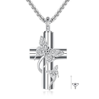 ONEFINITY Religious Urn Necklace for Ashes 925 Sterling Silver Cross/Angel Wing/Butterfly/Raphael Abalone Shell Pendant Necklace Cremation Memorial Keepsake Jewelry Gift for Ashes of Loved One Women - style: Cross Butterfly 2