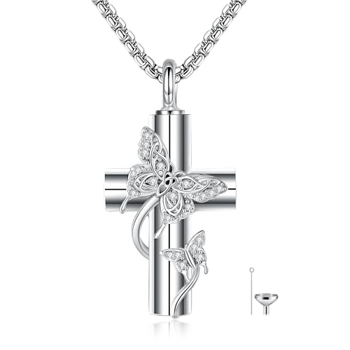 ONEFINITY Religious Urn Necklace for Ashes 925 Sterling Silver Cross/Angel Wing/Butterfly/Raphael Abalone Shell Pendant Necklace Cremation Memorial Keepsake Jewelry Gift for Ashes of Loved One Women - style: Cross Butterfly 2