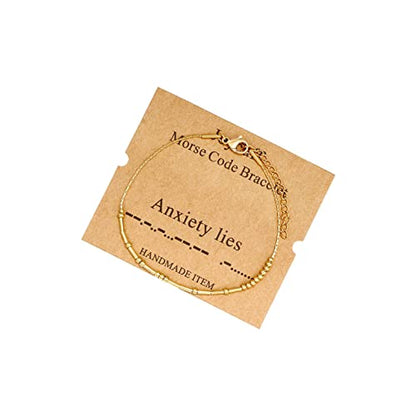 Morse Code Bracelets for Women, Gold Silver Stainless Steel Beads Bracelets - style: Anxiety lies-Gold