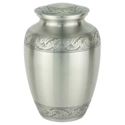 Classic Laurel Pewter Brass Cremation Urn – Extra-Large Adult Urn for Human Ashes, 345 cu/in Capacity, Hand-Engraved Brass Memorial Urn, Durable Pewter Finish, 11.6" High - color: Laurel Pewter