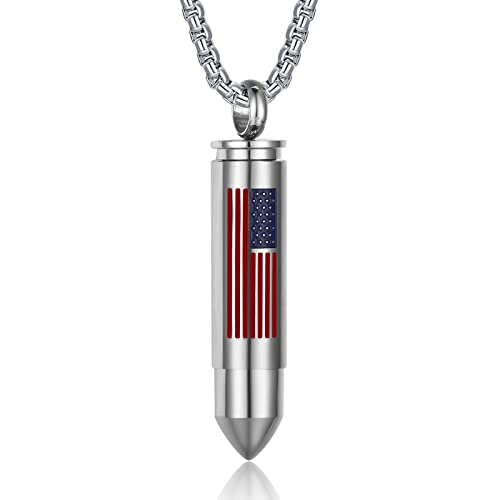 Bullet Urn Necklace for Ashes Stainless Steel Box Chain 24 inch American Flag Pendant Cremation Memorial Jewelry for Men - color: Flag Silver