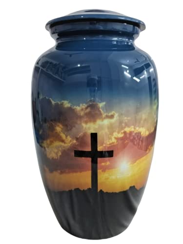 Cross Cremation Urn for Human Ashes Blue Sky - Religious Hand Made Funeral Urn in Aluminum - Suitable for Christian Cemetery Burial or Niche - Large Size fits Remains of Adults up to 200 lbs - color: Blue