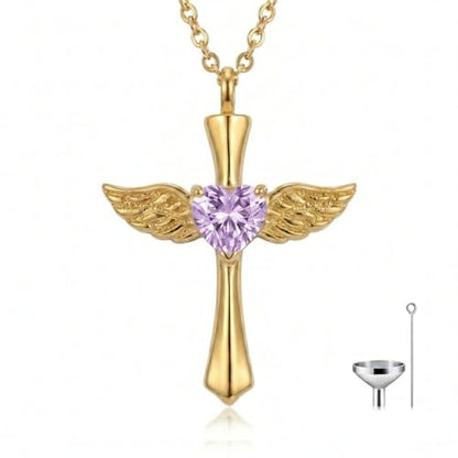 14K Gold Angel Wings Cross URN Necklace Cremation Necklaces for Ashes Embellished with Birthstone, Yellow Gold Fine Keepsake Memorial Jewelry - color: June Birthstone