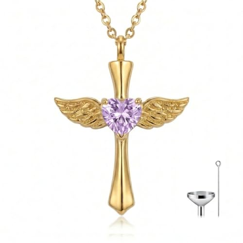 14K Gold Angel Wings Cross URN Necklace Cremation Necklaces for Ashes Embellished with Birthstone, Yellow Gold Fine Keepsake Memorial Jewelry - color: June Birthstone